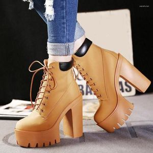 Stövlar 2022 Plattform Ankel Kvinnor Hösten Lace Up Thick High Heel Ladies Woman Fashion Shoes Women's Casual Footwear