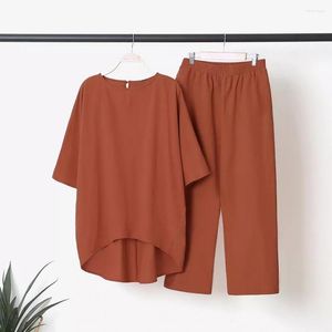 Women's Two Piece Pants 2 Pcs Women T-shirt Set Solid Color Elastic Waist Pullover Round Neck Baggy Short Sleeves Loose Summer Top Trousers