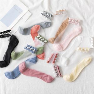 Sports Socks 5 Pair Pearl Transparent Silk Cotton Bottom Boat Women Short Fashion Korean Japanese Harajuku Sock