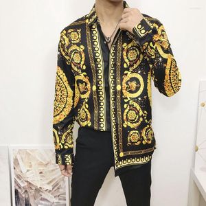 Camisas casuais masculinas Outono Men Dress Vestido Hipster Manga Longa Design de luxo de luxo Festa de casamentos de impressão floral Prom