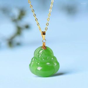 Kedjor Stil inlagd naturlig Hetian Jade Jasper Maitreya Buddha Pendant Classic Silver Necklace Fresh Charm Party Wedding Jewelry