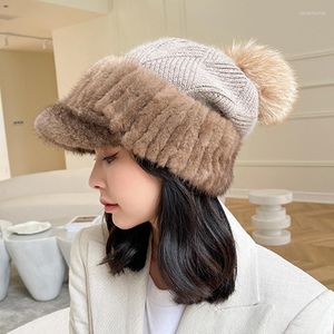 Козырьки 2022 зима густая теплая леди натуральные шляпы кепку женские женщины подлинная вязаная шляпа с помпоном