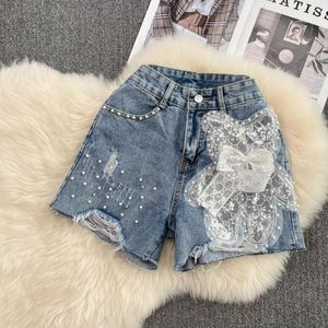 Pantaloncini da donna 2022 Summer Denim Nail Bead Pantaloni a gamba larga a vita impero