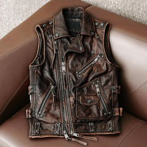 M￤ns v￤star 2022 Retro Brown Style ￤kta Leaher Vest Men plus storlek 4xl Real Natural Cowhide Spring Slim Fit Motorcykelrock