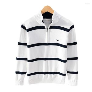 Men's Sweaters High Quality Cotton Knit Pullover Men's Stand Collar Half Zipper Jacket Autumn Winter Sweater Stripe 8502