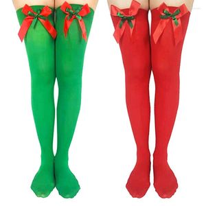 Skarpetki dla kobiet Mxma Boże Narodzenie Red Green High High Stockings Cute Double Warower Satynowy łuk nad kolanami Długie cosplay rajstopy Hosierowe