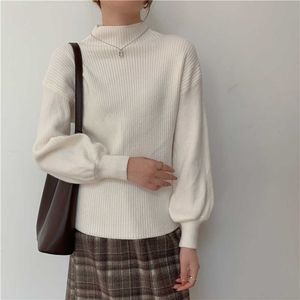 Kvinnors tröjor Turtleneck Office Lady Pure Color Stickover Loose White Khaki för 2022 Lantern Sleeve Sweater G221018