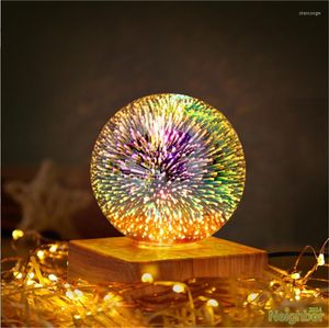 Table Lamps 3D Fireworks LED Lamp Glass Ball Night Light Wood Desk USB Atmosphere Home Bedroom Decor Christmas Gift