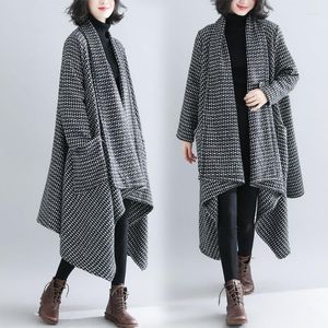 Kvinnors trenchrockar Plus Size Coat Women's 2022 Autumn Winter Houndstooth Tweed Wool Long Windbreaker Topps Cardigan Female 5605