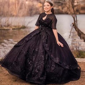 Girls Vestidos De 15 Anos Black Quinceanera Dresses With Wrap Appliques Lace-up corset gothic Prom Brithday gown Wear