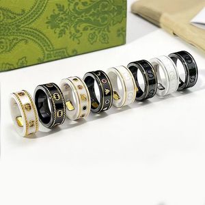 Keramikband G-Buchstabe Ringe Schwarz Weiß für Damen Herren Schmuck Goldring Größe 6-11 mit Tasche