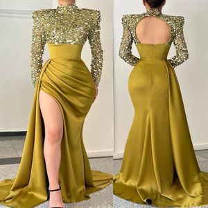 2022 Arabo Aso Ebi Mermaid Gold Prom Dresses Backless Paillettes Pizzo Sera Partito formale Secondo ricevimento Compleanno Fidanzamento Abiti da damigella d'onore Abito ZJ405
