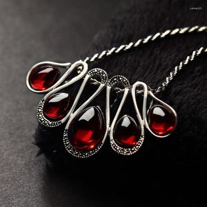 Anhänger Halsketten 925 Sterling Silber Natürliche Halbedelsteine Retro Roter Granat Halskette Frauen Schmuck Zubehör Freundin Geschenk