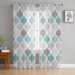 Cortina turquesa cinza geométrico marroquino retrô tule voile transparente para quarto de sala de estar cozinha cortinas de janela