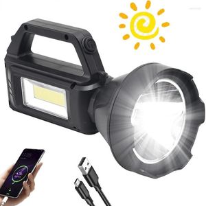 Portabla lyktor USB/solladdning Inbyggd batteri 500 m lång räckvidd Spotlight utomhus Searchlight Power Bank Camping Light