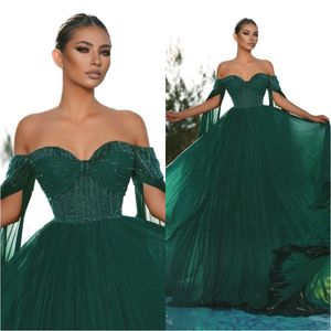 African Dark Green Prom Dresses Off The Shoulder Beading Top Chiffon Evening Gown Pageant Outfit Formal Dresses Custom Made