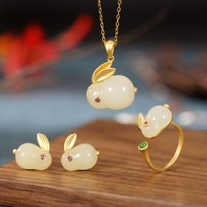 Cute Hetian Jade Rabbit 925 Sterling Silver Plated Gold Pendant Necklace Earring Bracelet Ring Fairy Jewelry Set