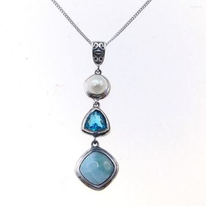 Naszyjniki wiszące ręcznie robione 925 Sterling Srebrny Naturalny niebieski Karaibski Naszyjnik Larimar Pearl dla kobiet damskie dziewczęta biżuteria Trenda