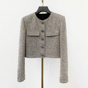 Frauen O-Neck Single Breasted Jackets Shinny Bling Tweed Woll Silber Farb Lurex Patched Desinger Short Coat Smlxl