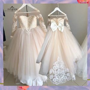 Lace Tulle Flower Girl Dress Bows Children's First Communion Dress Princess Ball Gown Wedding Party Dresses FS9780