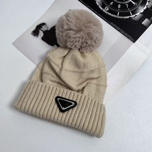 Designer American Hair Ball Hat Women's Wool Sticked Warm Flanged Autumn and Winter Fashion Triangle Label Hats