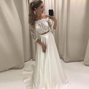 Two Pieces Wedding Dress Strapless Lace Satin Boho Wedding Gown with Half Sleeve A-Line Custom Made Beach Bride Dresses