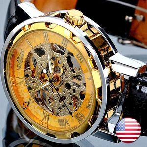 Победитель моды Черная кожаная группа из нержавеющей стали скелеты Механические часы для мужчины золотые механические запястья Watch 291Q
