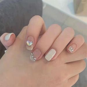 False Nails 24pcs/Box Press On Square Round Head Wearable With Diamond Simple White French Fake Full Cover Nail Tips