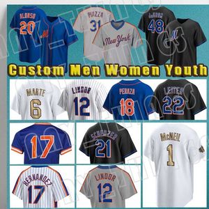 12 Francisco Lindor Baseball Mets personalizados Pete Alonso Jacob DeGrom Max Scherzer New Yorks Jersey Mike Piazza Starling Marte Jeff McNeil Keith Hernandez Dwight