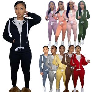 Retail Women Dragkedja hoodies Tracksuits Fall and Winter Sweatsuit Tv￥del inst￤lld plysch tr￶ja Sweatpants Jogging Suit