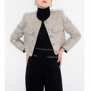 Kvinnors o-hals singelbröst jackor silverfärg lurex lappade shinny bling tweed ull kortrock smlxl