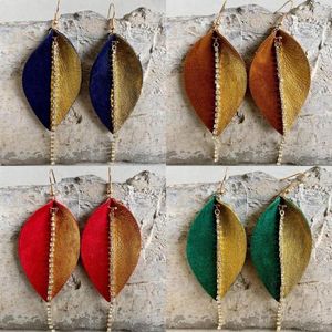 Dangle Earrings Gold Color Paint Tow Tone Genuine Cow Leather Leaf With Mini Crystal Link Line For Women