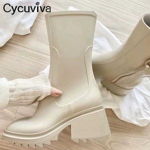 Stövlar Cycuviva Chunky Heel Regn för kvinnor Tjock sula Plattform Ankel Designer Chelsea Dam gummistövel Skor T221028