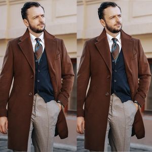 Vintermen Mens Woolen Tuxedos Overcoats Long Jacket Coffee Groom Party Prom Coat Business Wear Outfit One Piece