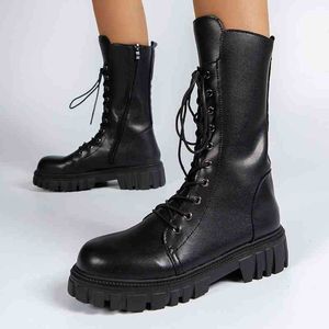 Botas vestido sapatos mulheres meados de bezerro outono inverno motocicleta couro moda chunky saltos plataforma botines de mujer