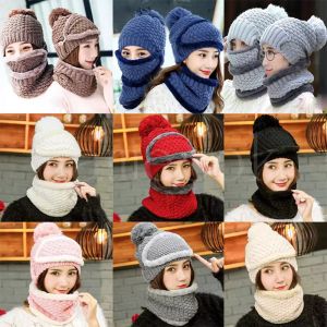 Damas de inverno tricotaram o chapéu quente à prova de vento de três peças, gorro de cachecol de válvula grossa, respirável ao ar livre tampas de esqui db192
