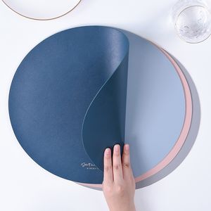 Pu faux läder tvättbar plats mattor värmebeständig rund bordsmatta lätt att rengöra kök kaffe matsal bordsdekoration