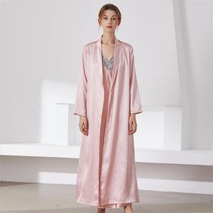 Damen-Nachtwäsche für Damen, Sommer, lang, 2 Stück, Nachthemd, Anzug, Robe, Frühling und Herbst, Kunstseide, Bademantel, sexy Nachthemd mit V-Ausschnitt, Spitzenbesatz, Rosa