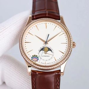 Orologio meccanico da uomo 39mm Lunetta cassa in oro rosa con diamanti 925 Super movimento catena completamente automatica serie fasi lunari eleganti orologi classici di lusso