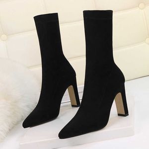 Boots Plus Size High Heel Women Mid-calf 2022 Sexy Pointed Toe Thick Sock Female Winter Shoes Woman Y2210