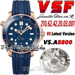 V3 Diver 300M Mens Watch sv210.62.42.20.03.001 vsf8800 Automatic Two Tone Rose Gold Ceramics Bezel Blue Wave Texture Dial Rubber Strap Super version eternity Watches