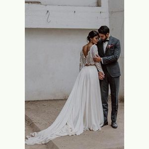 Modern Sexy Two Pieces Lace Long Sleeve Bridal Wedding Gowns Back Out Bateau Neck Wedding Dresses for Bride Boho On Sale