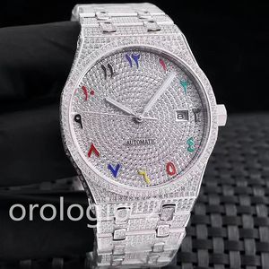 フルダイヤモンドメンズウォッチ自動機械式時計41mm付きダイヤモンドがちりばめられたスチールブレスレットスワロフスキー腕時計ファッションビジネス腕時計