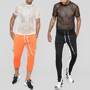 T-shirt da uomo in maglia sexy trasparente 2022 New See Through Fishnet manica lunga Muscle Undershirts Nightclub Party Perform Top Tees