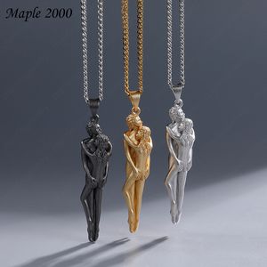 Fashion luxury jewelry solid color couple hug pendant necklace brass material street creative men and women hugs necklaces silver gold black color 50cm lovers gift