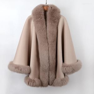 Scarves 2022 Women Cape With Real Fur Collar All Around Free Size Autumn Winter Scarf Female Poncho Warm Luxury Ladies Pashmina