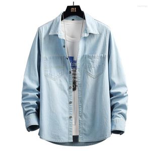 Men's Casual Shirts Men's Pockets Denim Shirt Classic Long Sleeve Washed Jean Blouse Top Light Dark Blue