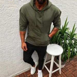 Men's Hoodies Men's & Sweatshirts Men Hoodie Clothing Solid Color Plus Size Hooded Pocket Sweatshirt Lace-up Pullover 3/4 Sleeve Top