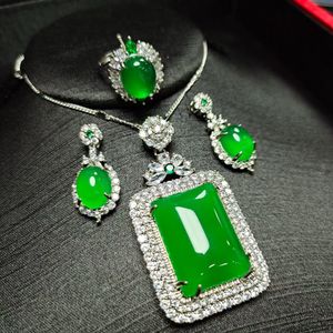 Natural Green Jade 925 silver With Zircon Emerald Rectangle Myanmar Jadeite Pendant Necklace Dangle Earrings Ring Set For Women Jewelry