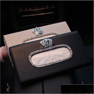 Tissue Boxes Napkins Fashion Crown Crystal Car Tissue Box Sun Visor Leather Bag Sunvisor Hanging Holder Case Napkin For Accessorie Dhcac